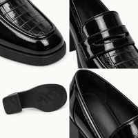 montelore-souliers Mocassin Cuir Noir Femme À Talon Carré Verni