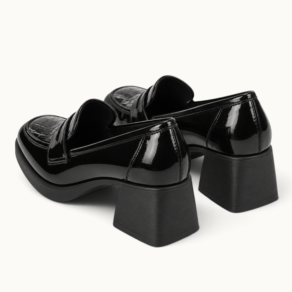 montelore-souliers Mocassin Cuir Noir Femme À Talon Carré Verni