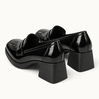 montelore-souliers Mocassin Cuir Noir Femme À Talon Carré Verni