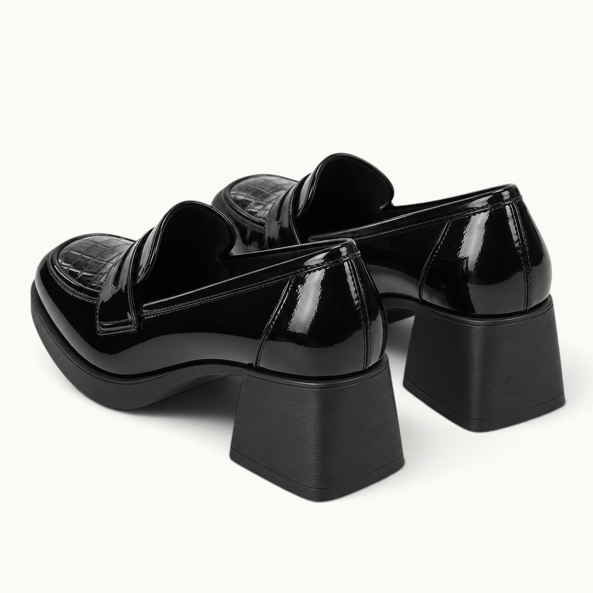 montelore-souliers Mocassin Cuir Noir Femme À Talon Carré Verni