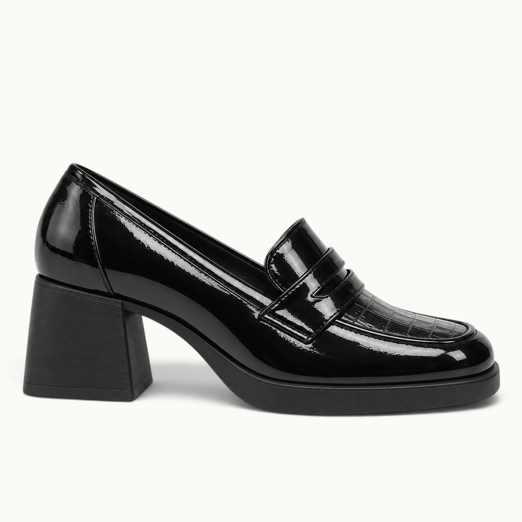 montelore-souliers Mocassin Cuir Noir Femme À Talon Carré Verni