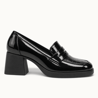 montelore-souliers Mocassin Cuir Noir Femme À Talon Carré Verni