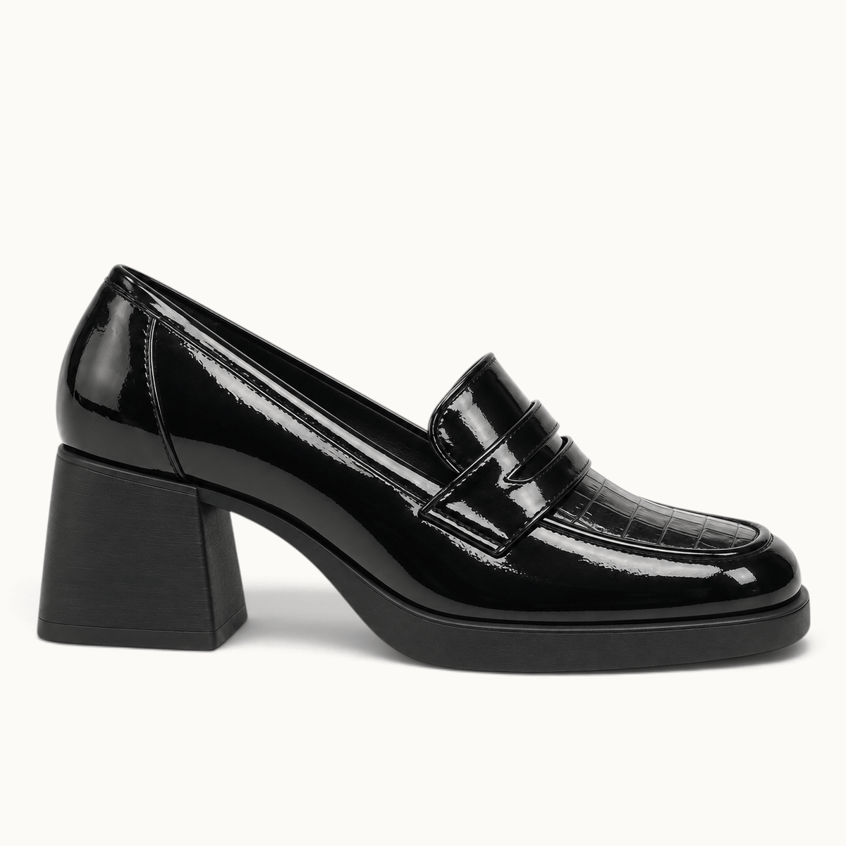 montelore-souliers Mocassin Cuir Noir Femme À Talon Carré Verni
