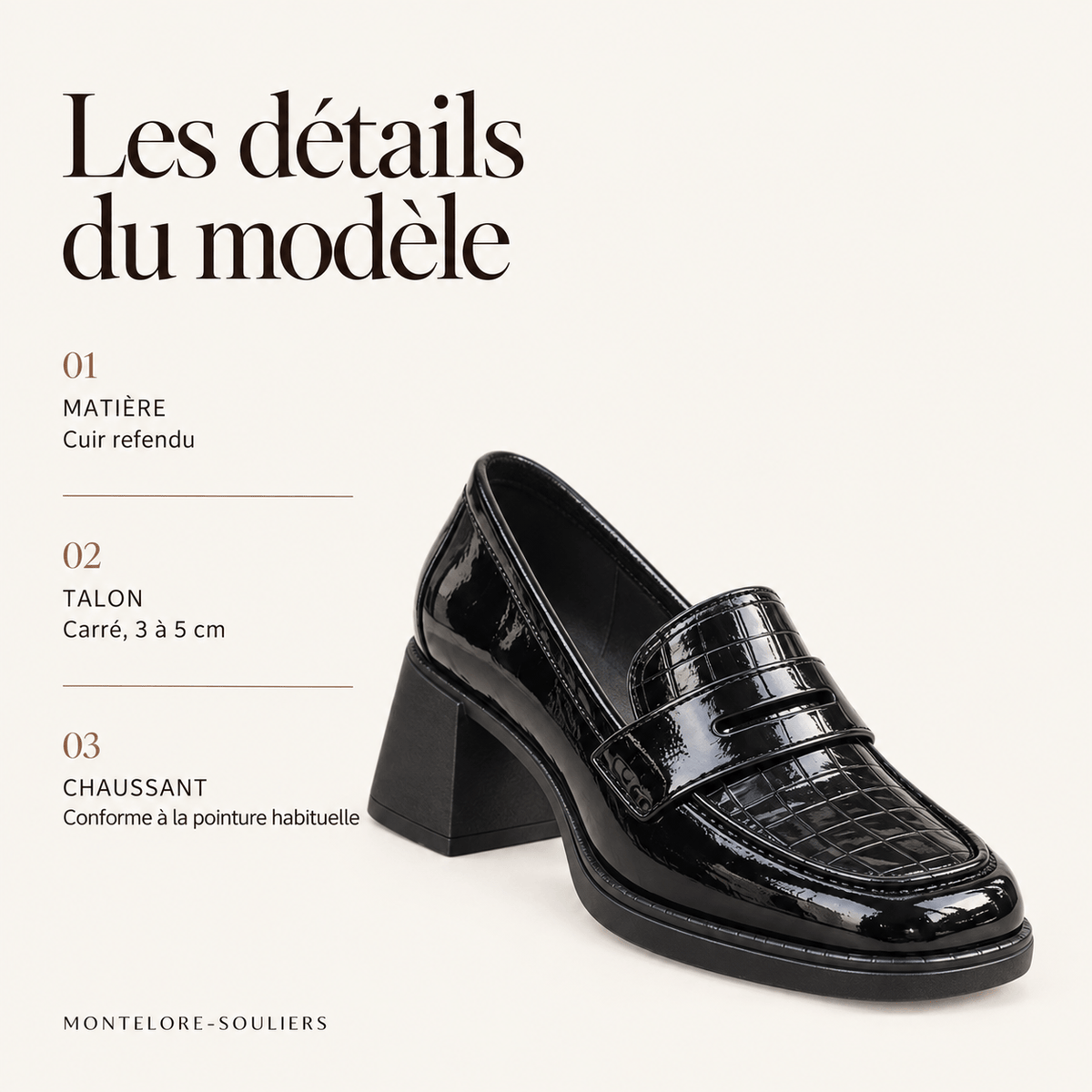 montelore-souliers Mocassin Cuir Noir Femme À Talon Carré Verni
