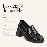 montelore-souliers Mocassin Cuir Noir Femme À Talon Carré Verni