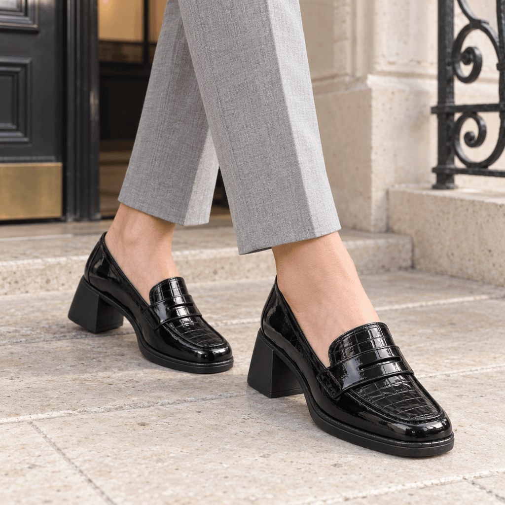 montelore-souliers Mocassin Cuir Noir Femme À Talon Carré Verni