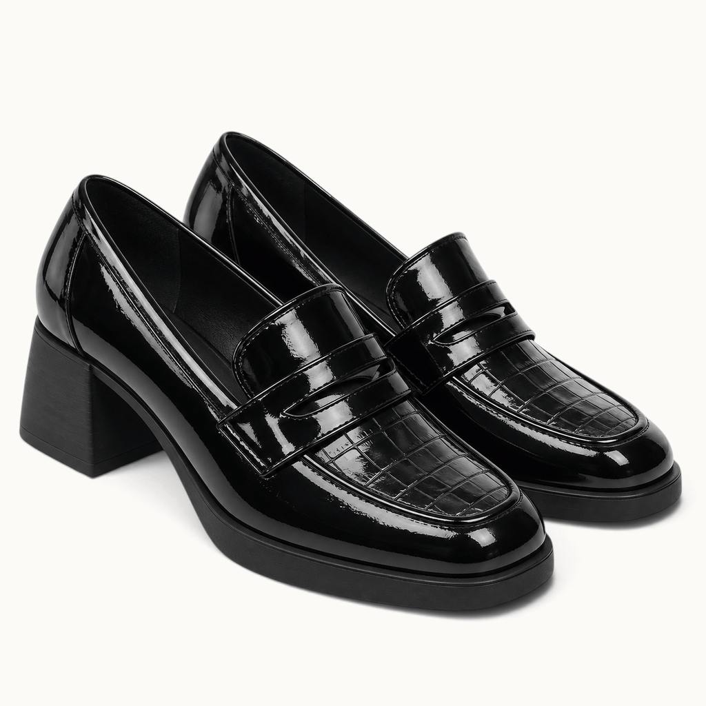 montelore-souliers Mocassin Cuir Noir Femme À Talon Carré Verni