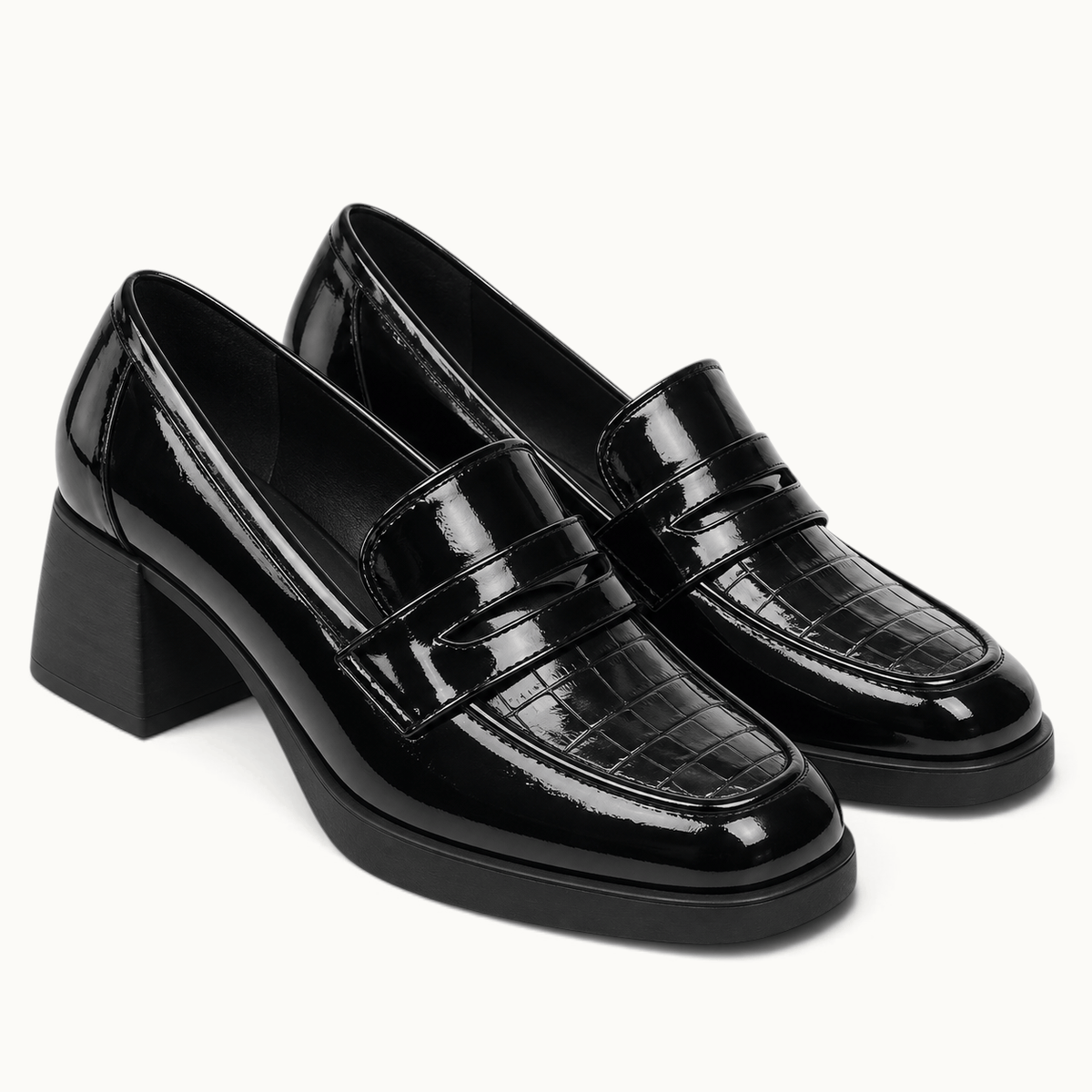 montelore-souliers Mocassin Cuir Noir Femme À Talon Carré Verni