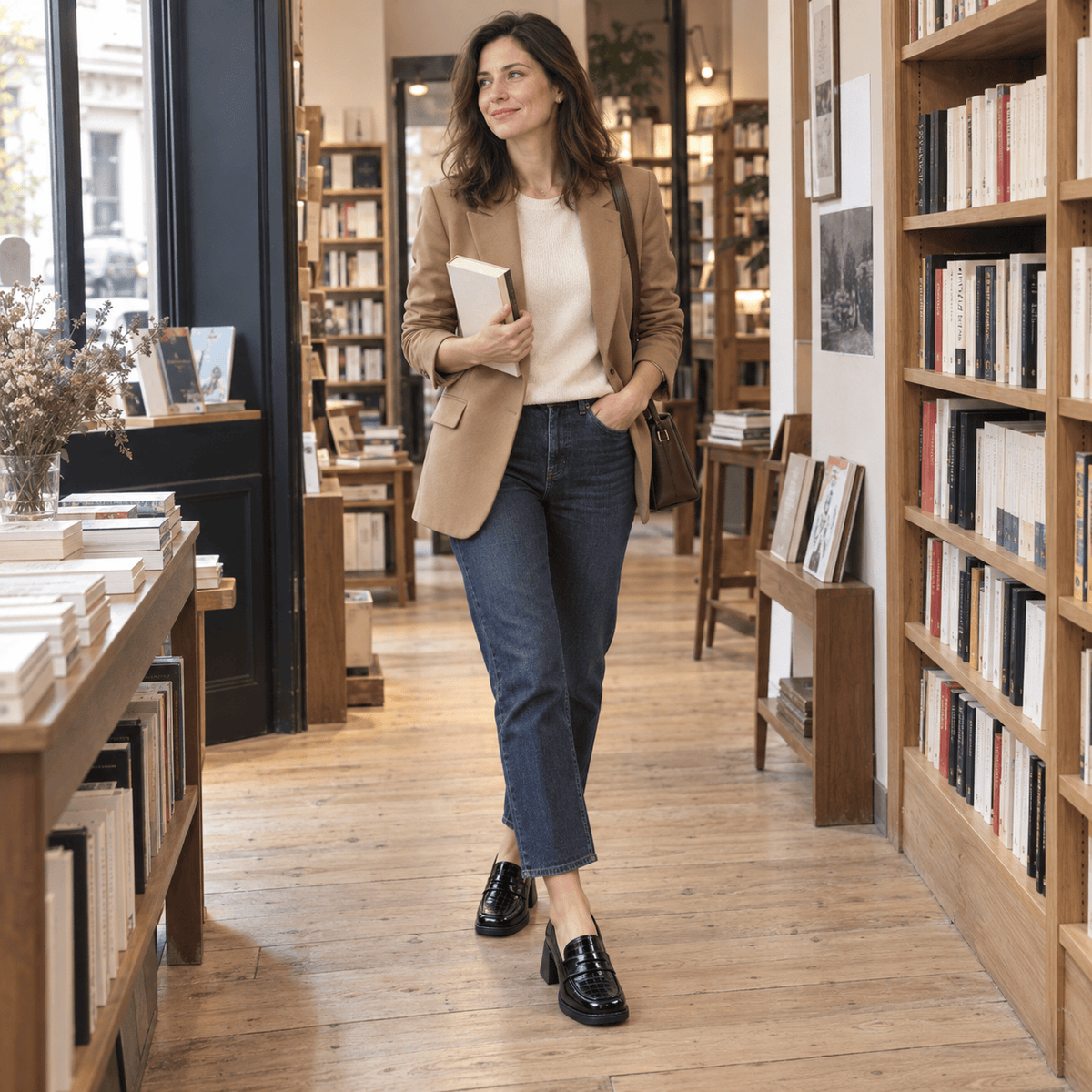 montelore-souliers Mocassin Cuir Noir Femme À Talon Carré Verni