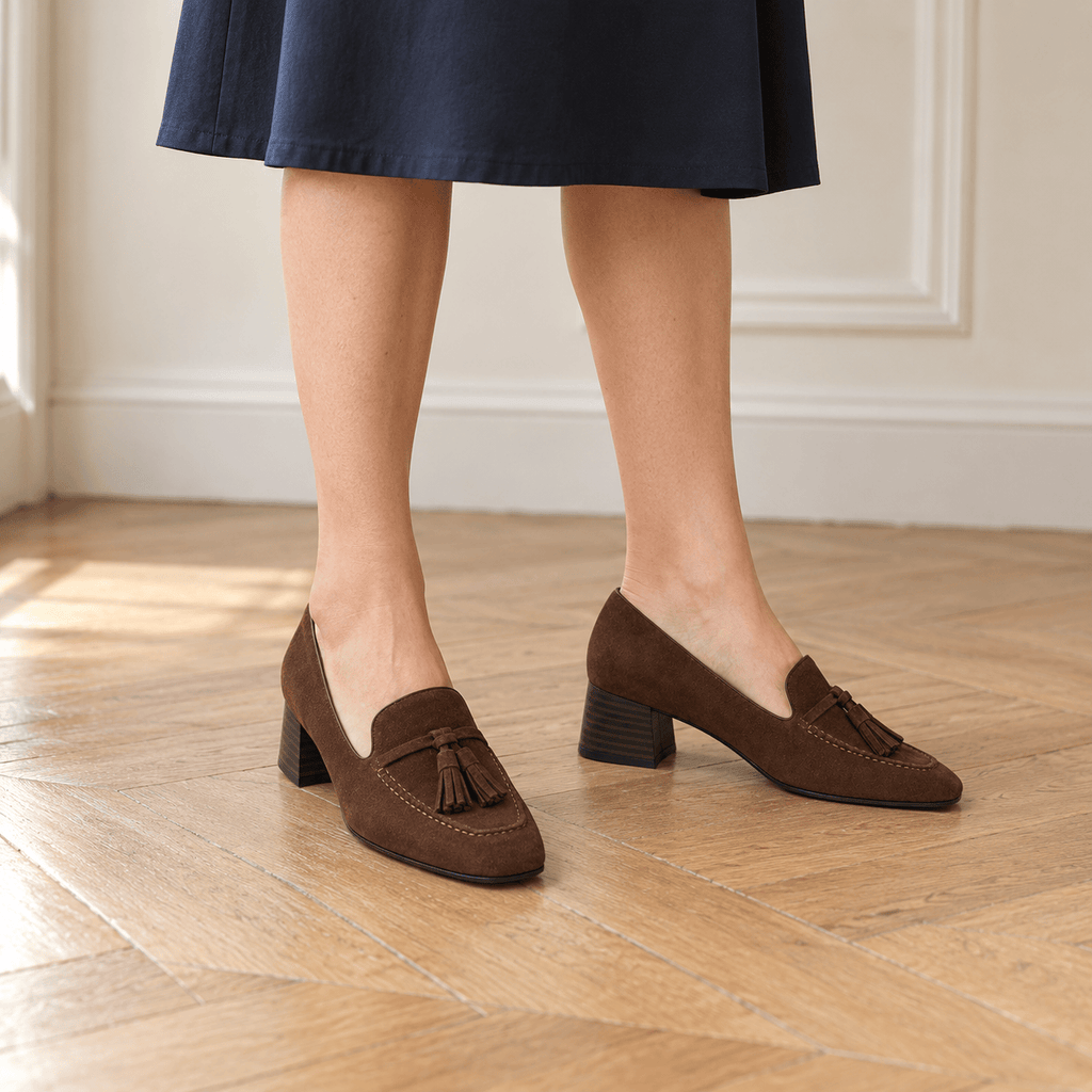 montelore-souliers Mocassins À Talons En Daim Carré
