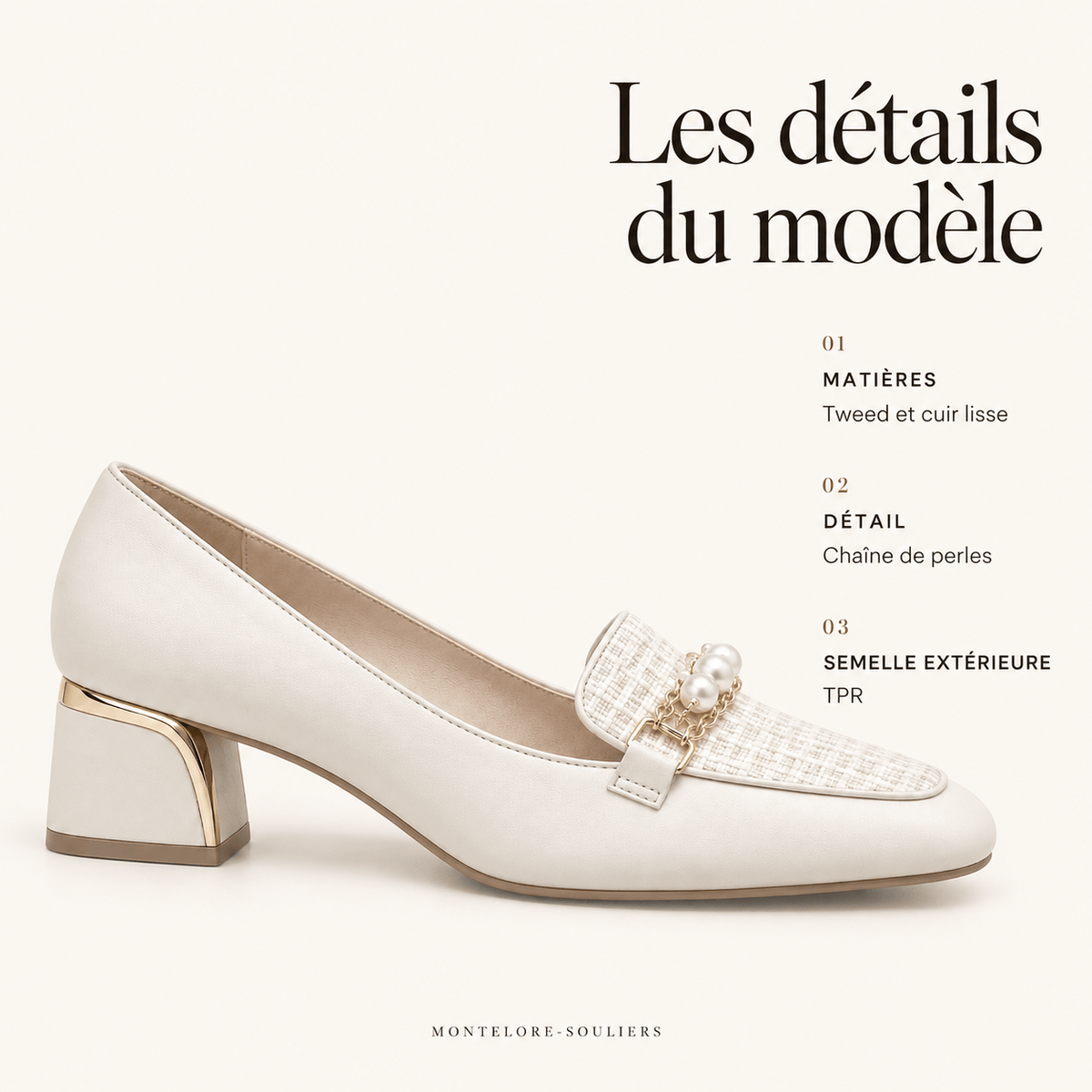 montelore-souliers Mocassins En Tweed À Talon Bloc Avec Perles