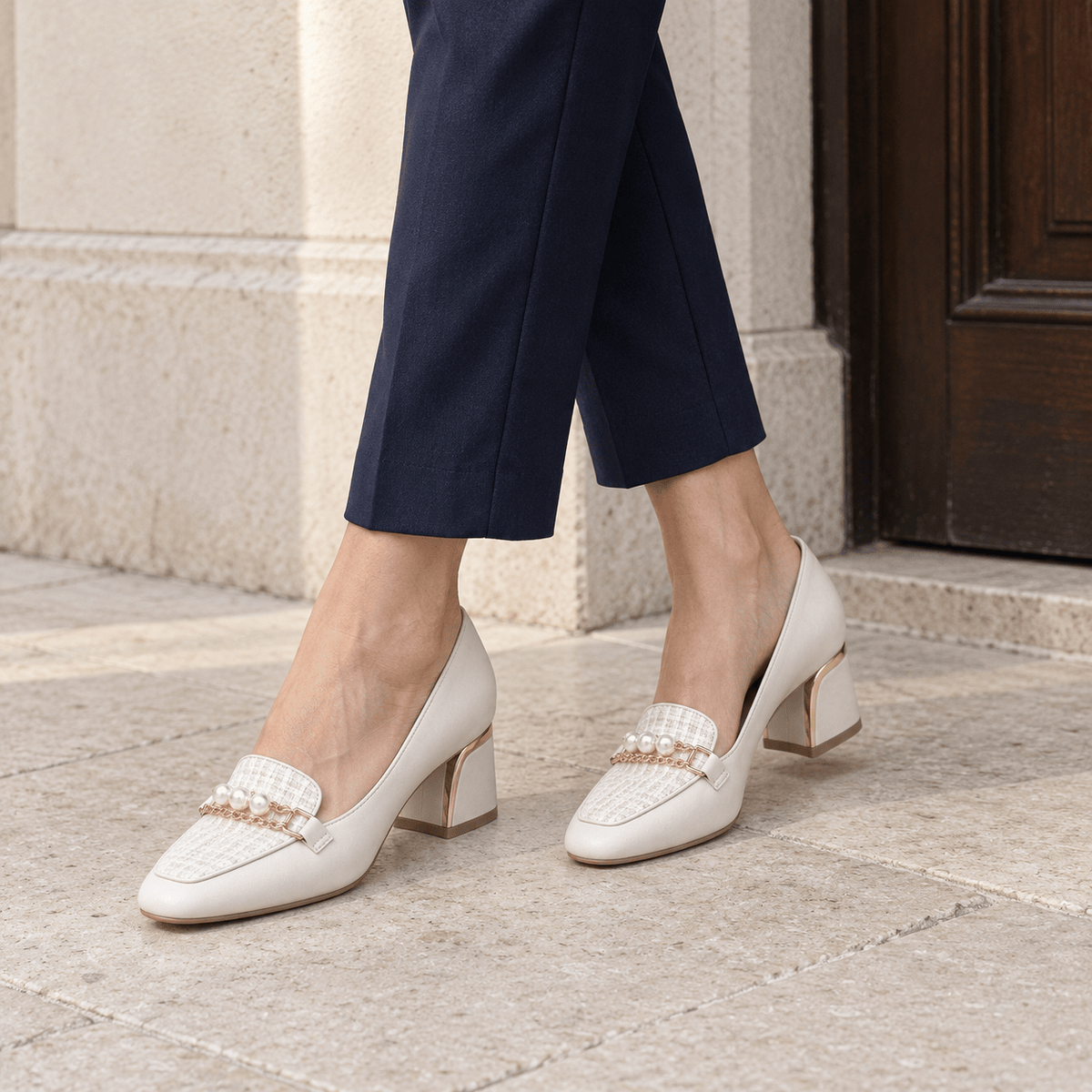 montelore-souliers Mocassins En Tweed À Talon Bloc Avec Perles