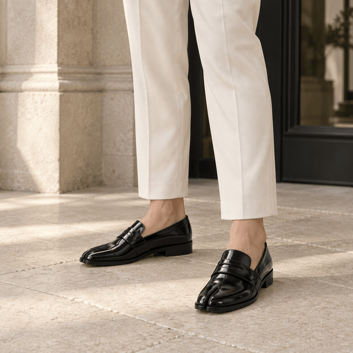 montelore-souliers Mocassins Homme Noir Cuir Tabi Bout Fendu