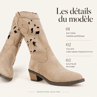 montelore-souliers Santiags femme camel ajourées en suédine à talon carré