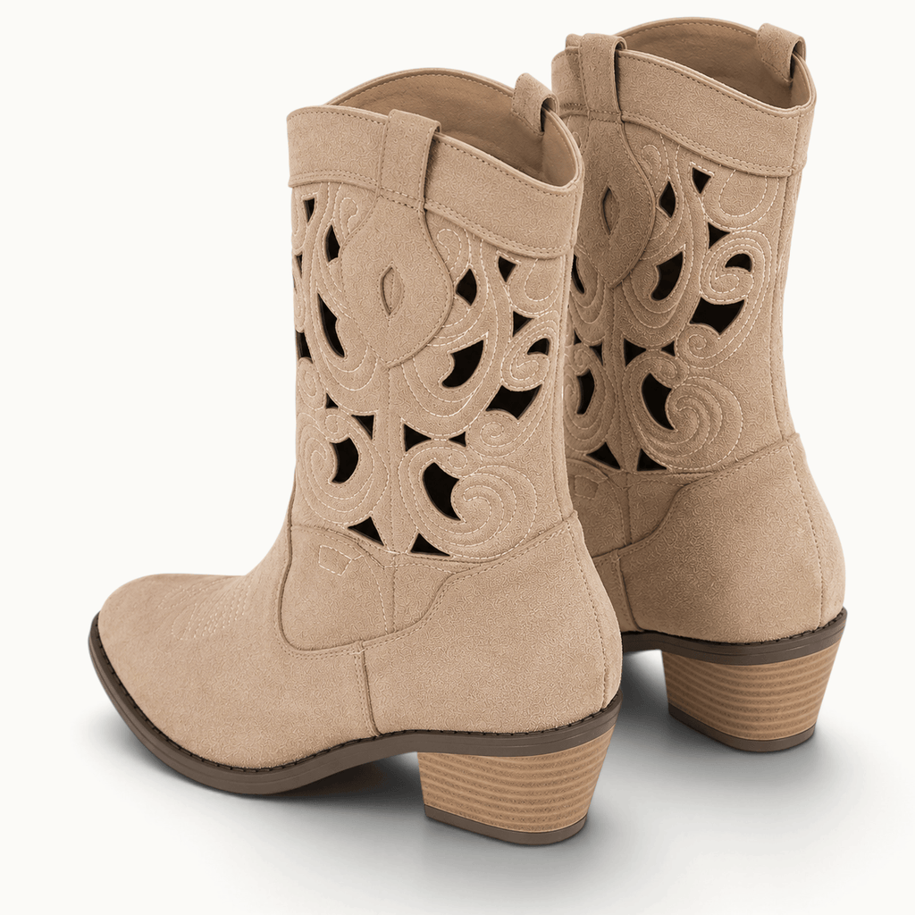 montelore-souliers Santiags femme camel ajourées en suédine à talon carré