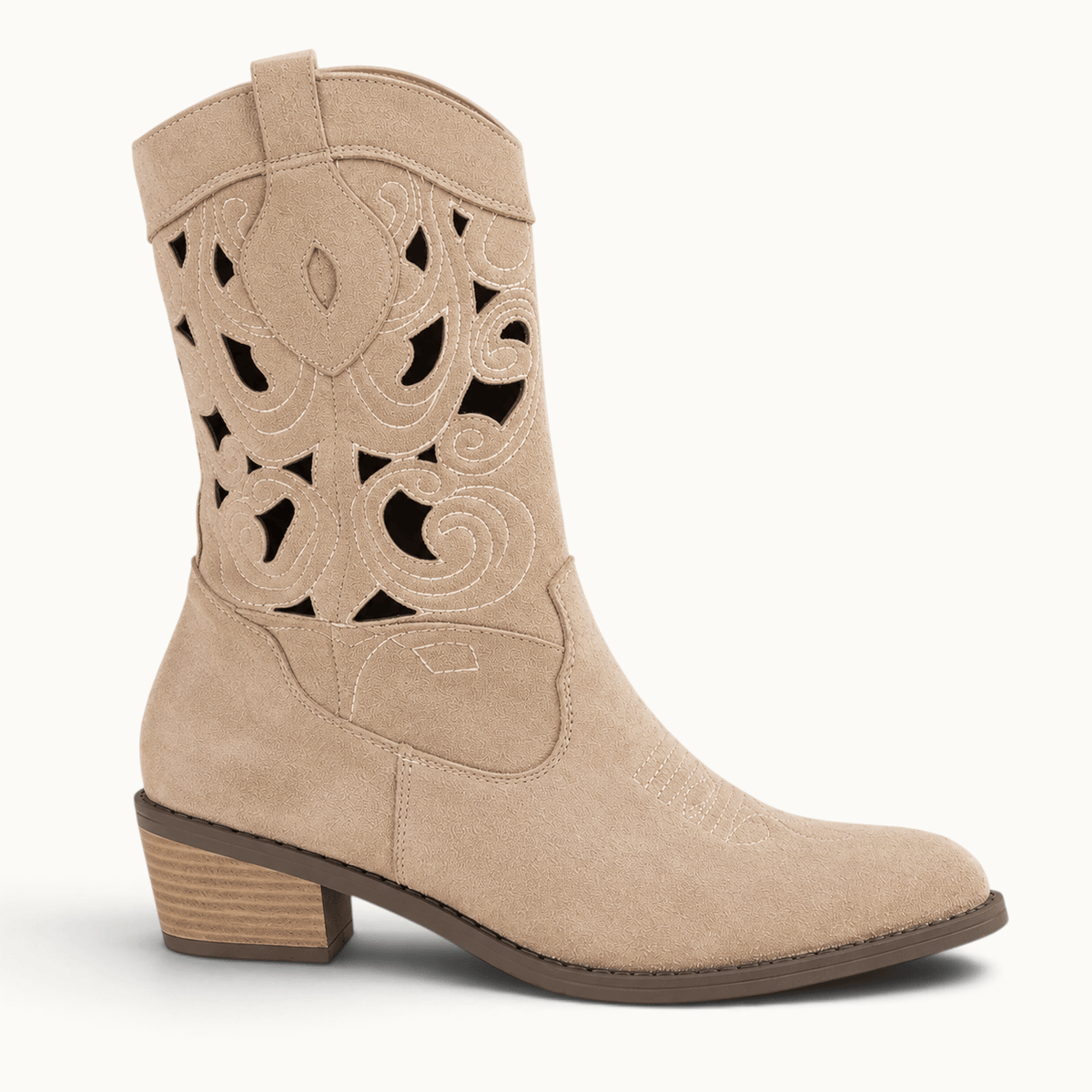 montelore-souliers Santiags femme camel ajourées en suédine à talon carré