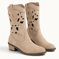montelore-souliers Santiags femme camel ajourées en suédine à talon carré