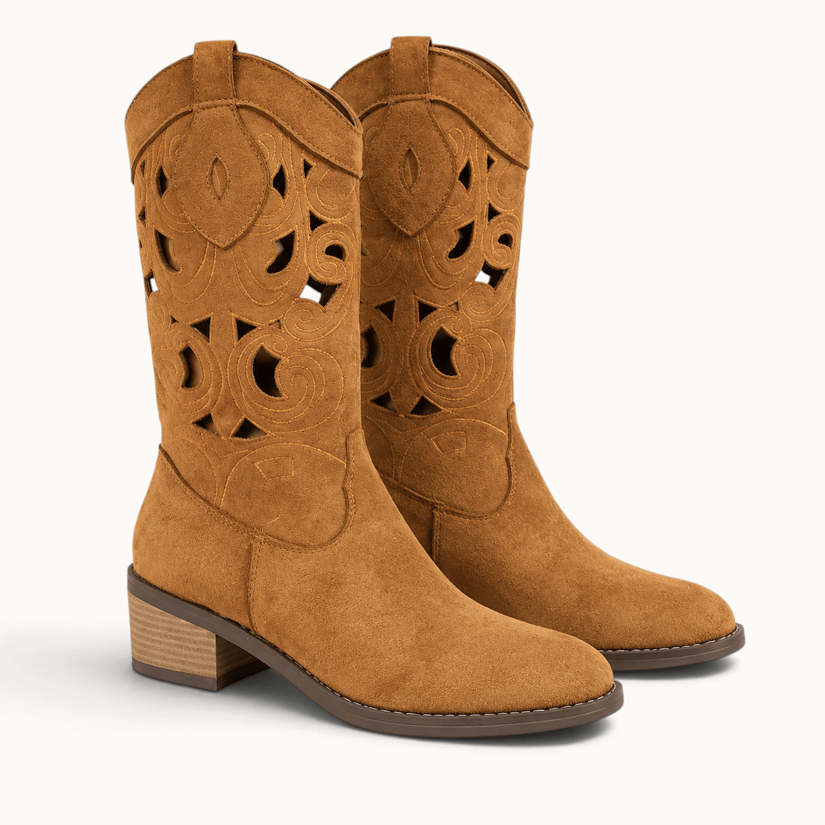 montelore-souliers Santiags femme camel ajourées en suédine à talon carré