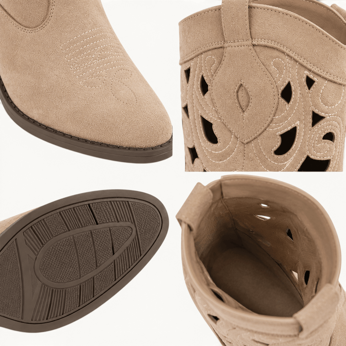 montelore-souliers Santiags femme camel ajourées en suédine à talon carré